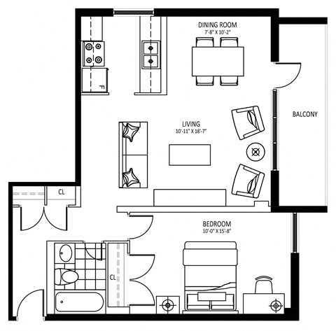 Floor plan for 1 bed, 1 bath, 693 sqft
